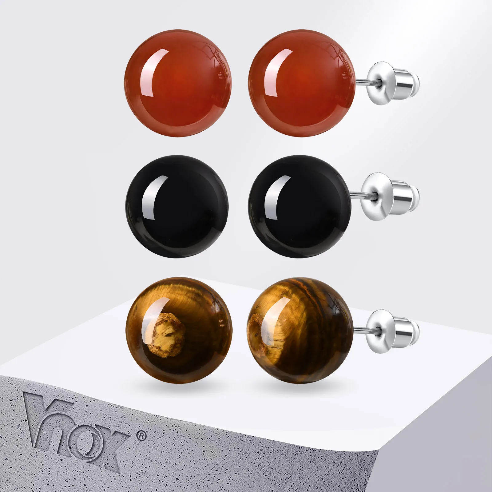 Vnox Red and Black Agate Stud Earrings