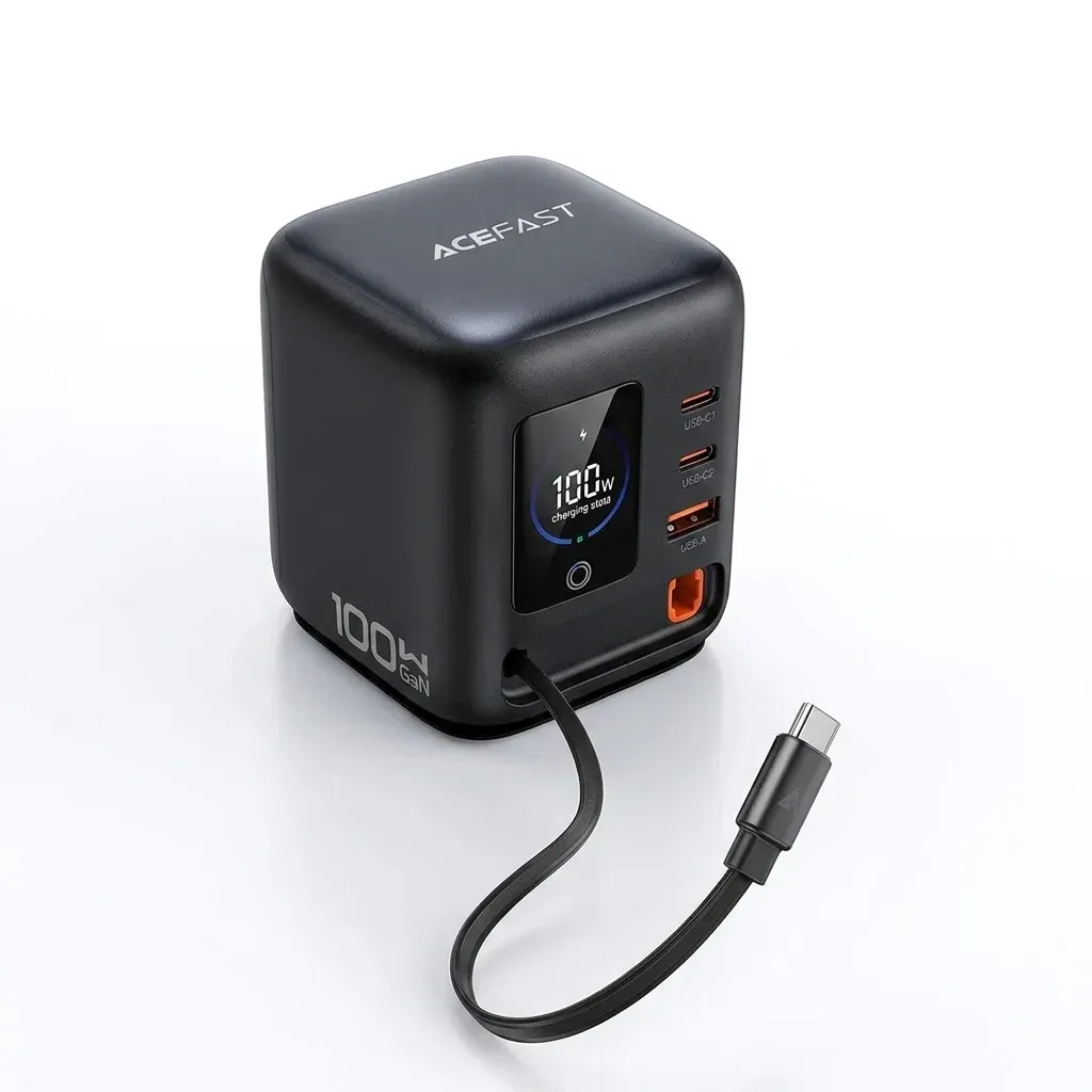 ACEFAST black cube desktop charger with display