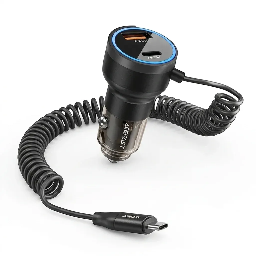 ACEFAST 60W Dual-Port Car Charger with Coiled USB-C Cable