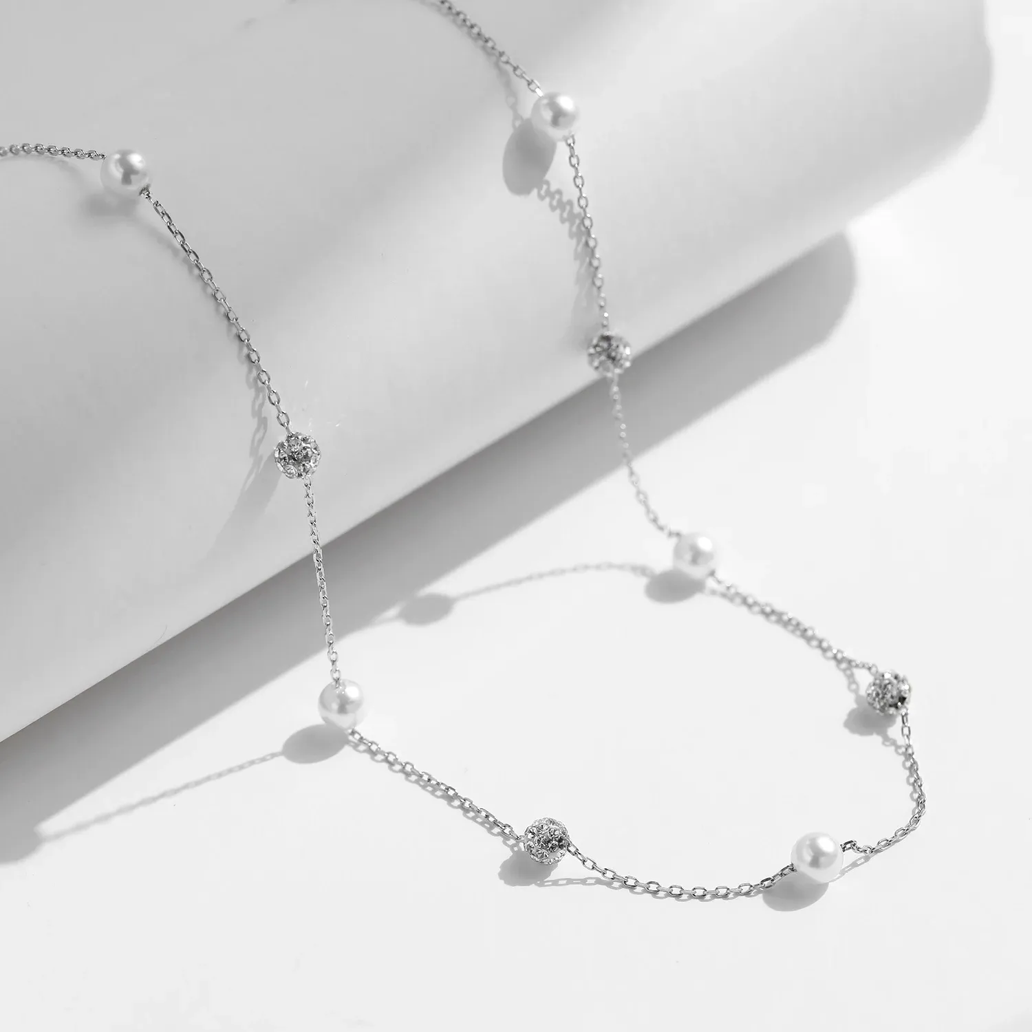 MODIAN 925 Sterling Silver Zircon Pearl Chain Necklace