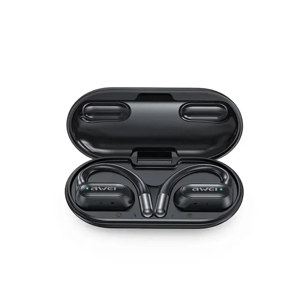 Awei T93 black earbuds with open case