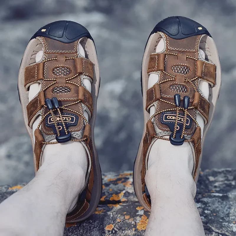 CLOHOO Genuine Leather Outdoor Hook-and-Loop Sandals