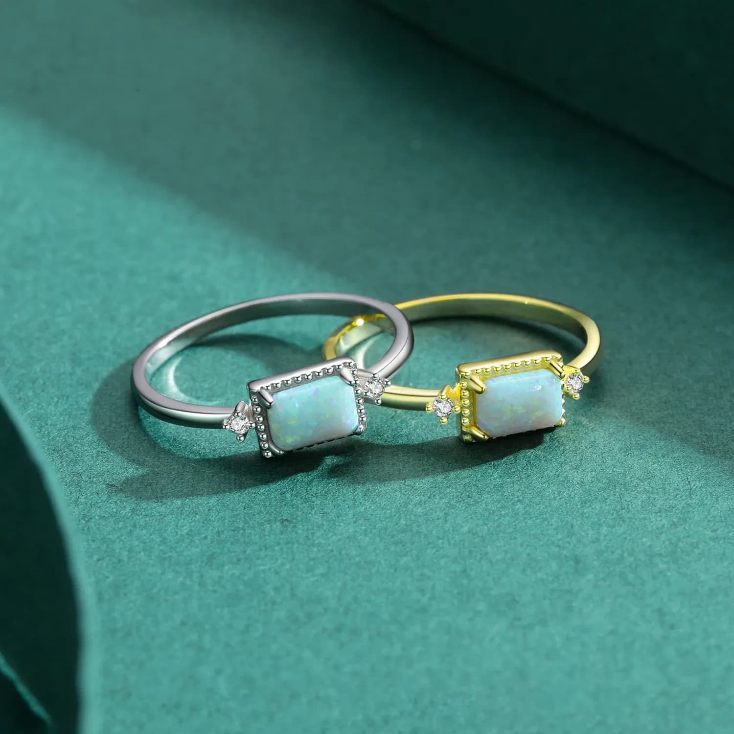 MODIAN 925 Sterling Silver Opal Rectangle Wedding Ring