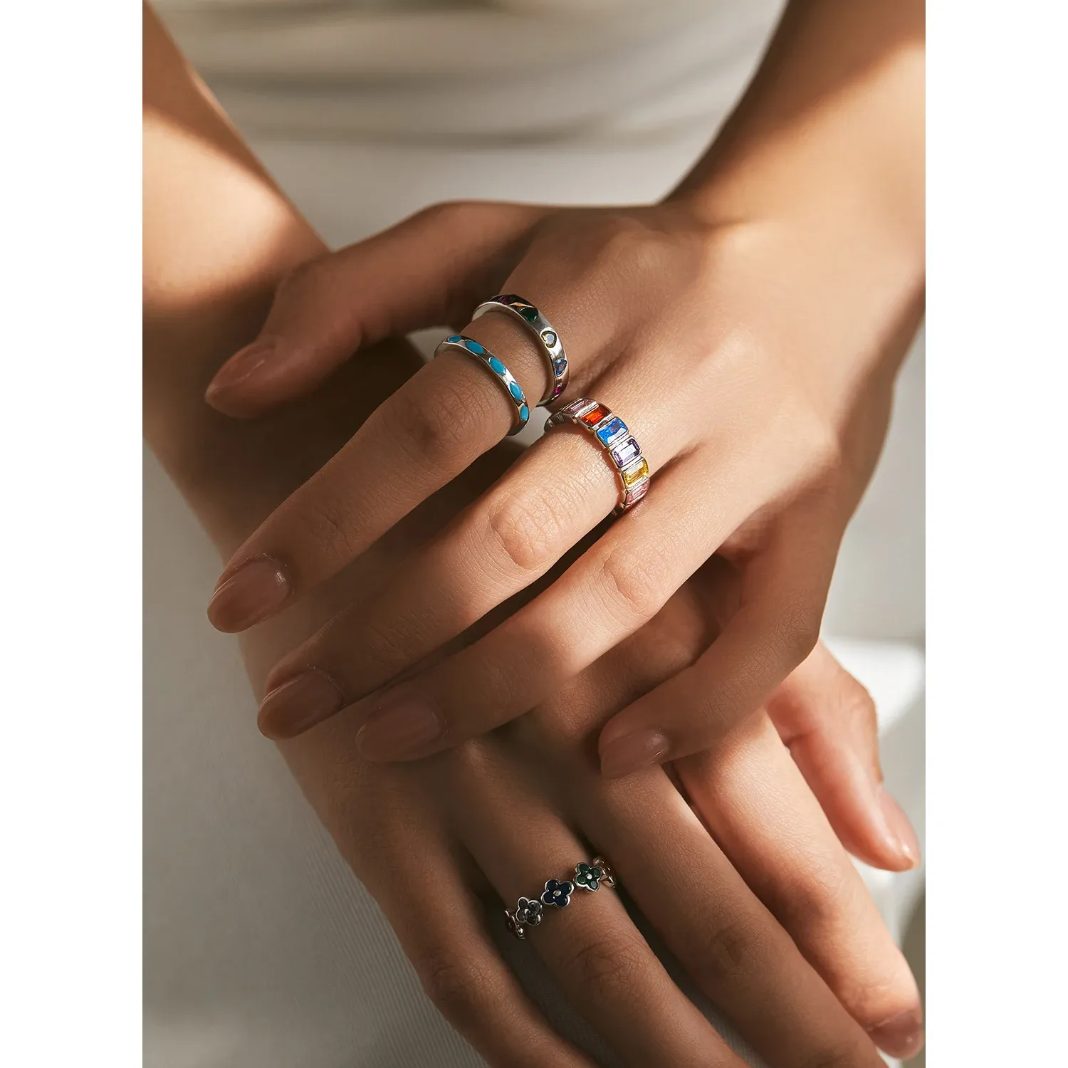 MODIAN 925 Sterling Silver Clover Heart CZ Stack Ring