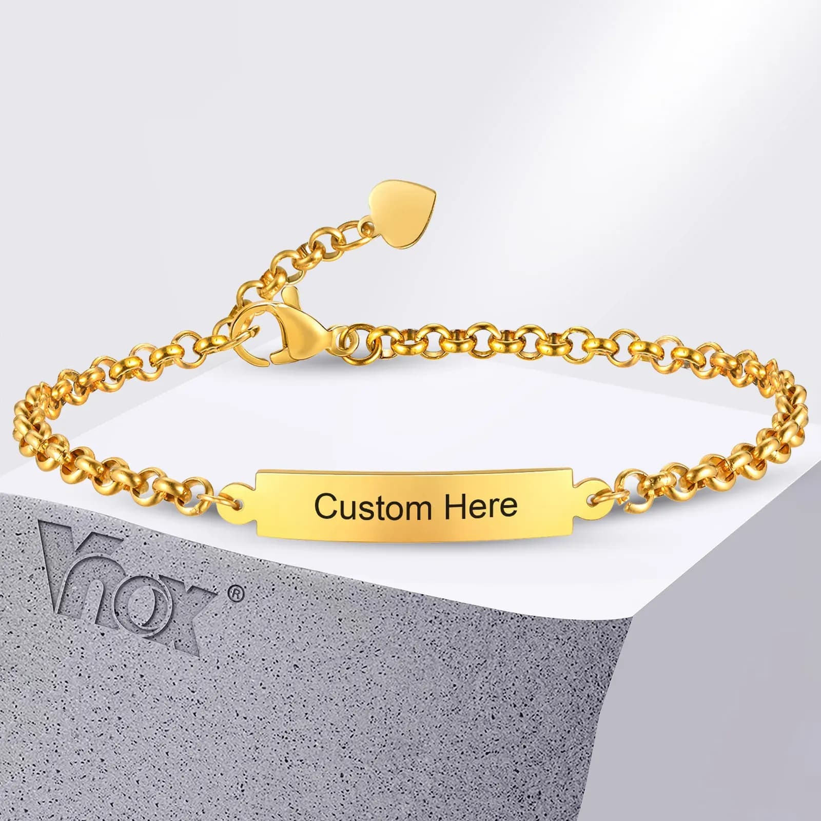 Vnox Custom Engraved Stainless Steel Rolo Chain Bracelet