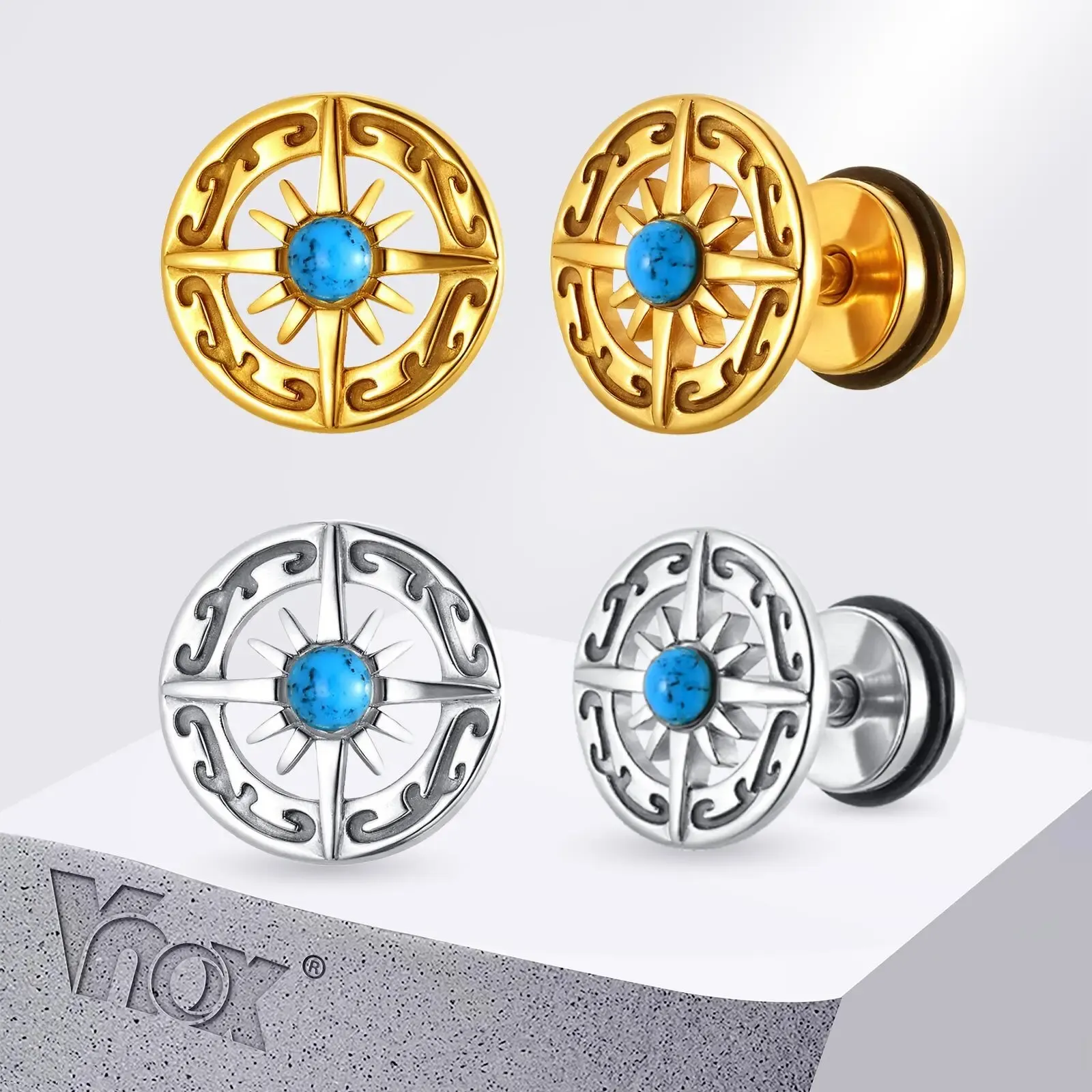 VNOX Vintage Compass Screw-Back Stud Earrings for Men