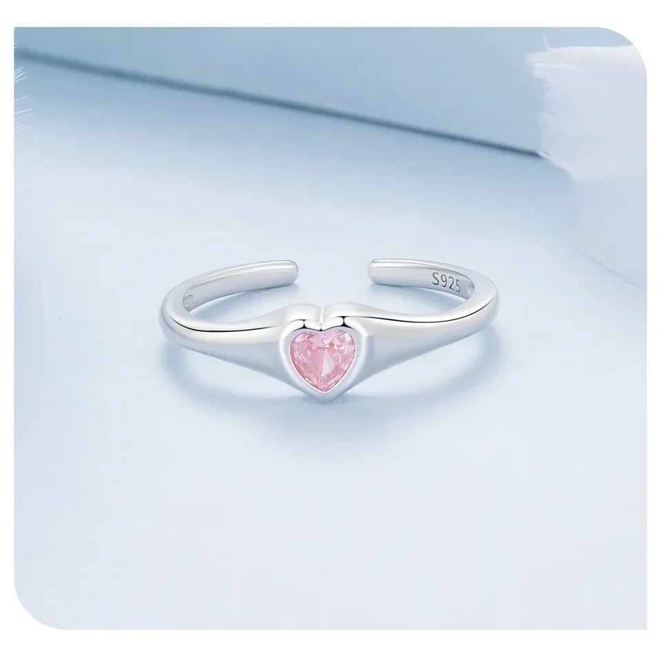 WOSTU 925 Silver Pink Heart Wing Adjustable Open Ring
