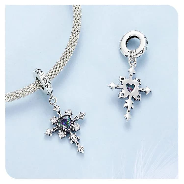 WOSTU Vintage Heart Cross Glass Charm in 925 Sterling Silver