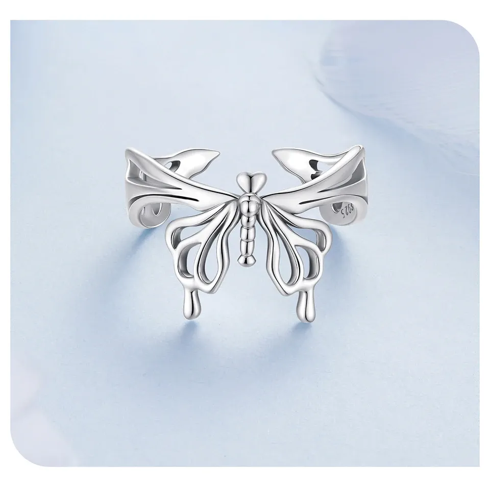 WOSTU 925 Sterling Silver Butterfly Open Ring with Opal Zircon