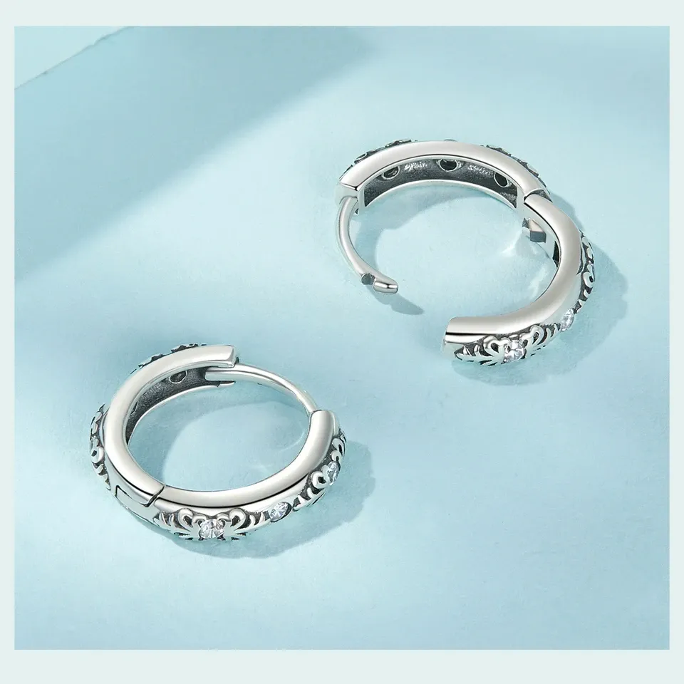 WOSTU Vintage 925 Sterling Silver Zircon Plant Hoop Earrings