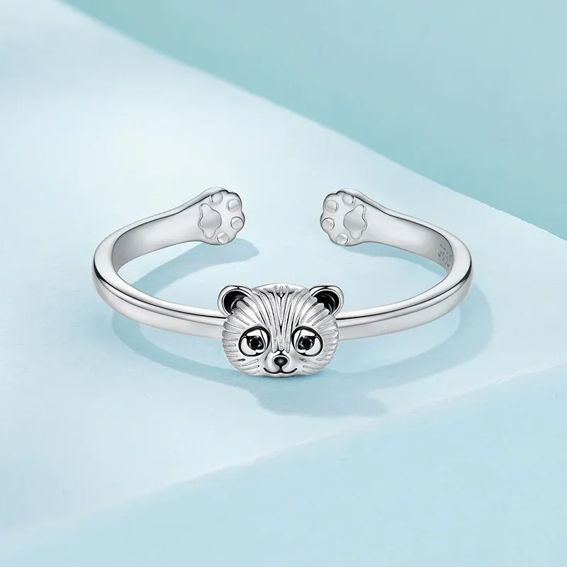 WOSTU Panda Head Sterling Silver Ring with Playful Paws