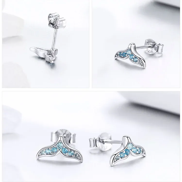 WOSTU Mermaid Tail Blue Zircon Sterling Silver Stud Earrings