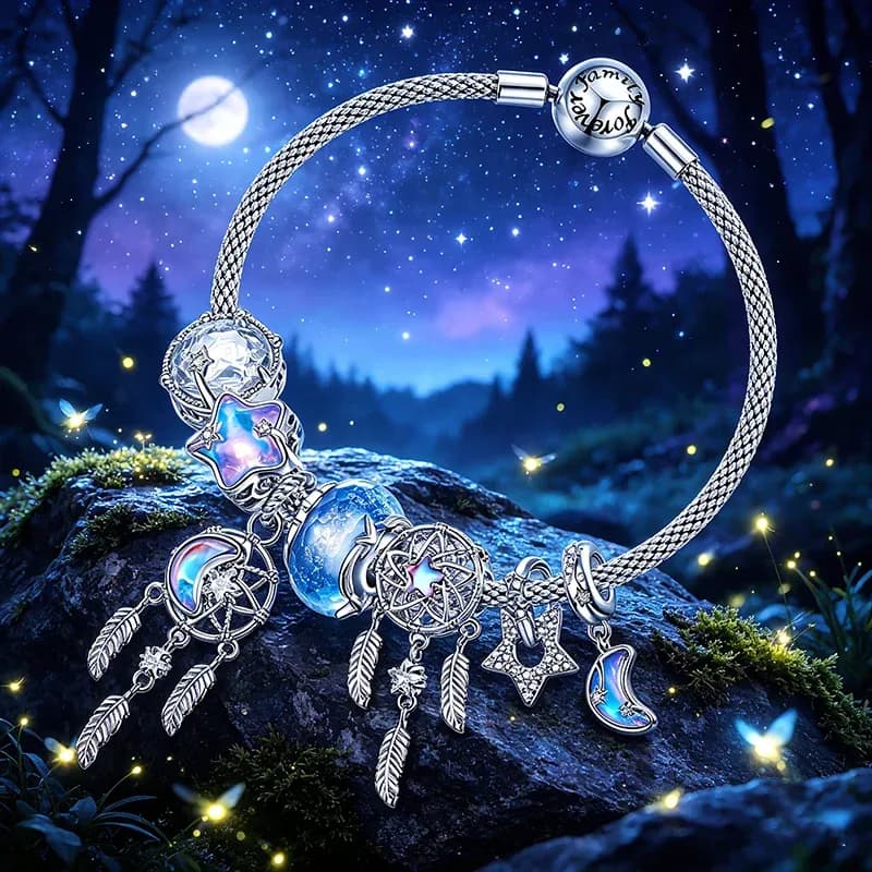 WOSTU Rainbow Moonstone Dreamcatcher Charm with Blue Glass Accent