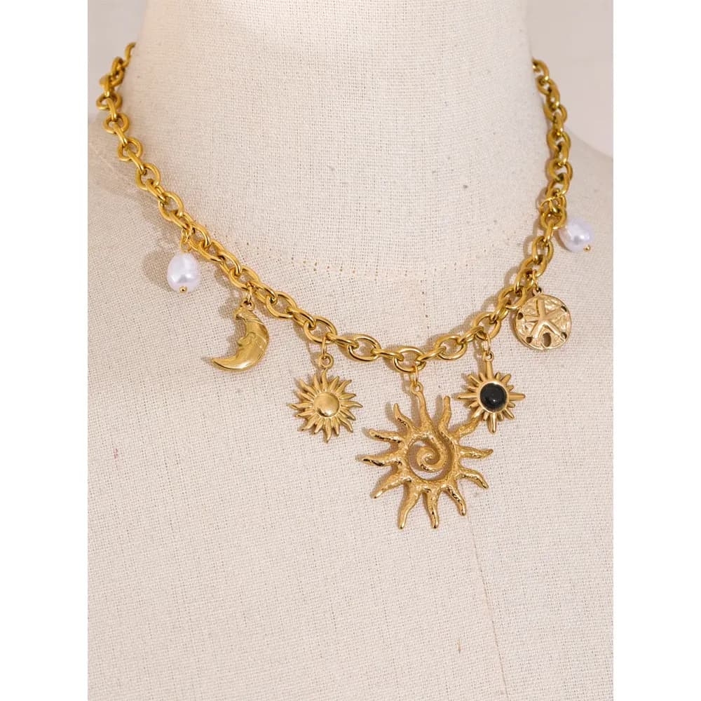 Yhpup Starfish Moon Sun Pendant Necklace in PVD Gold Steel
