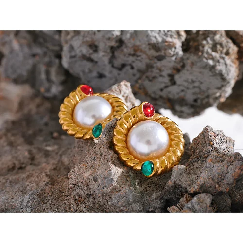 Yhpup Vintage Pearl Geometric Stud Earrings in PVD Gold Steel