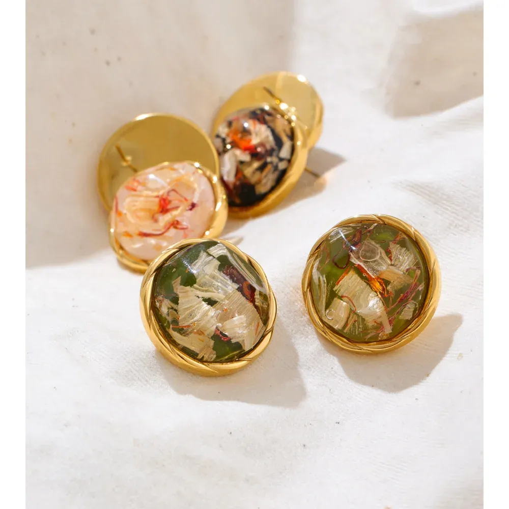 Yhpup Gold PVD Resin Round Stud Earrings