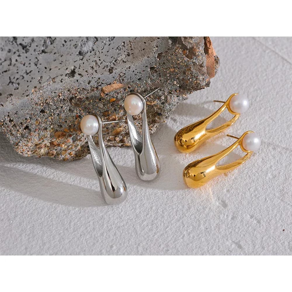 Yhpup Pearl Geometric Gold Stud Earrings