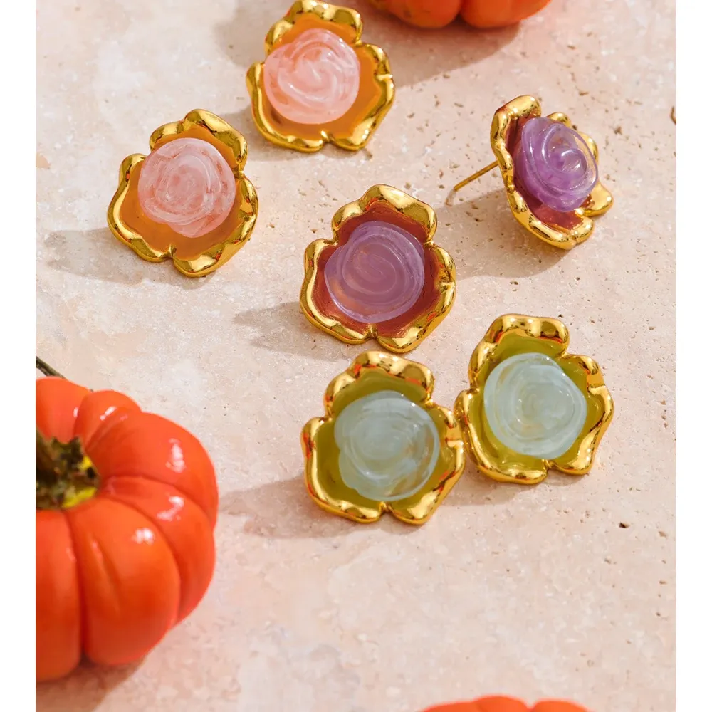 Yhpup Floral Resin Stud Earrings in PVD Gold Stainless Steel