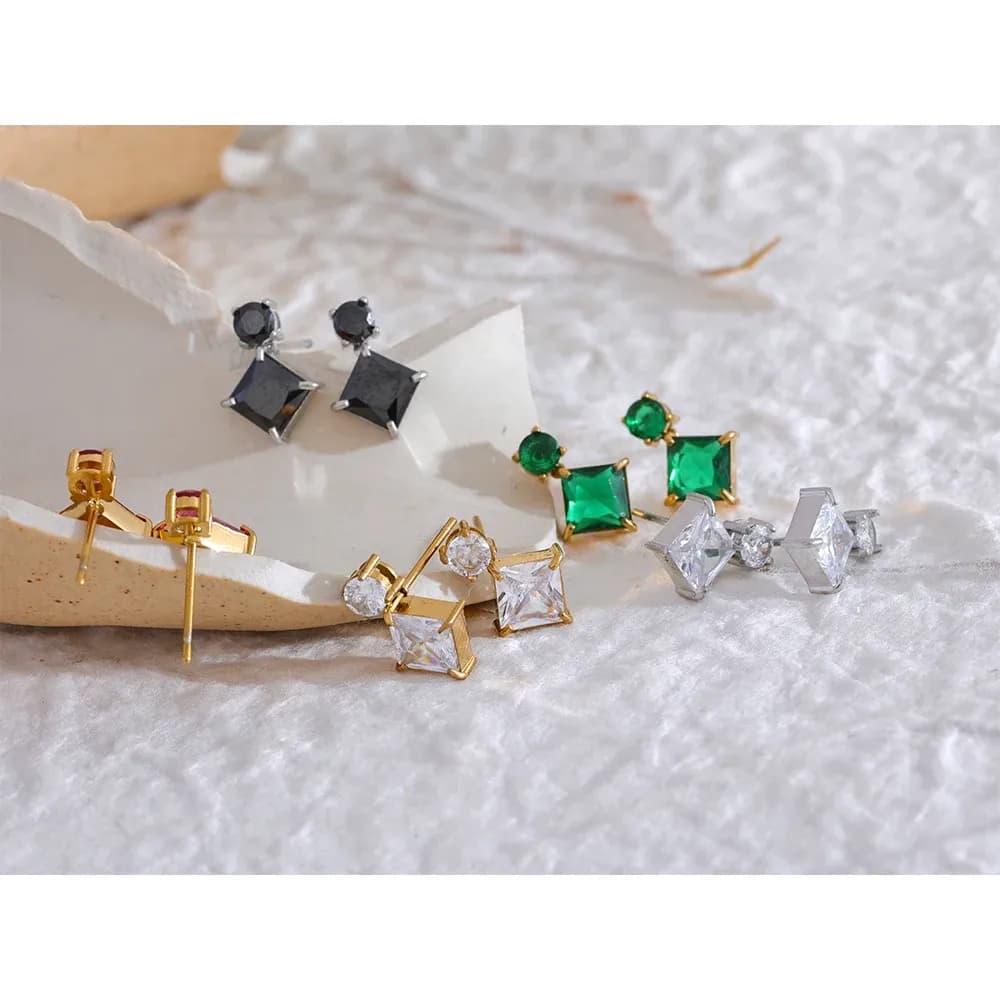 Yhpup Square CZ Stud Earrings in Gold-Tone Steel