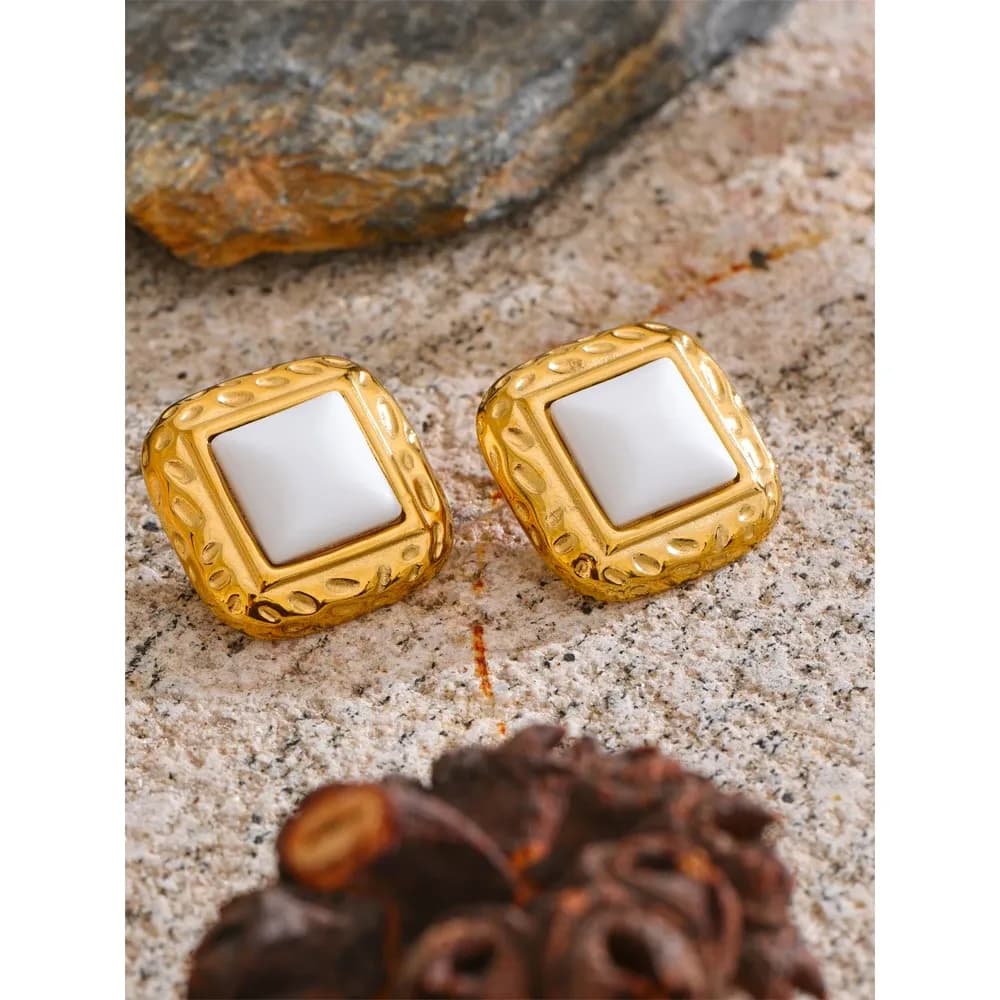 Yhpup White Stone Square Stud Earrings in PVD Gold Steel
