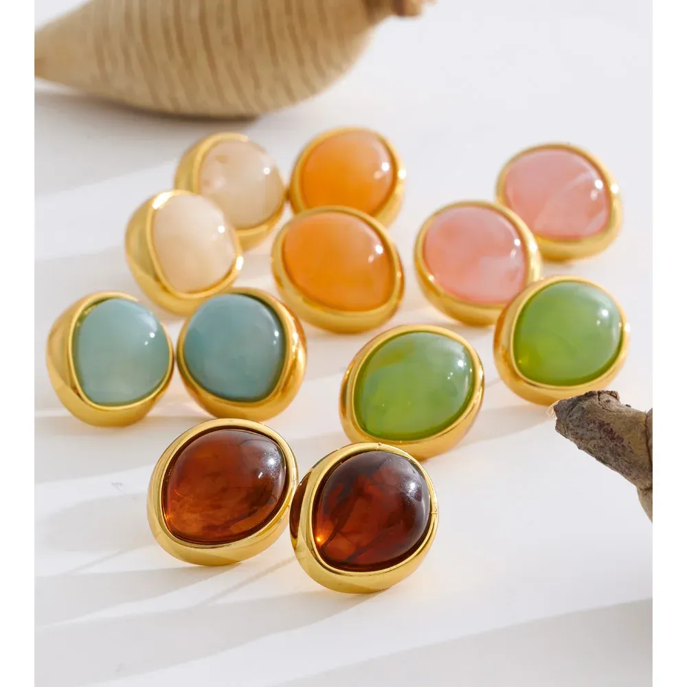 Yhpup Candy Resin Oval Stud Earrings in Gold-Finish Steel