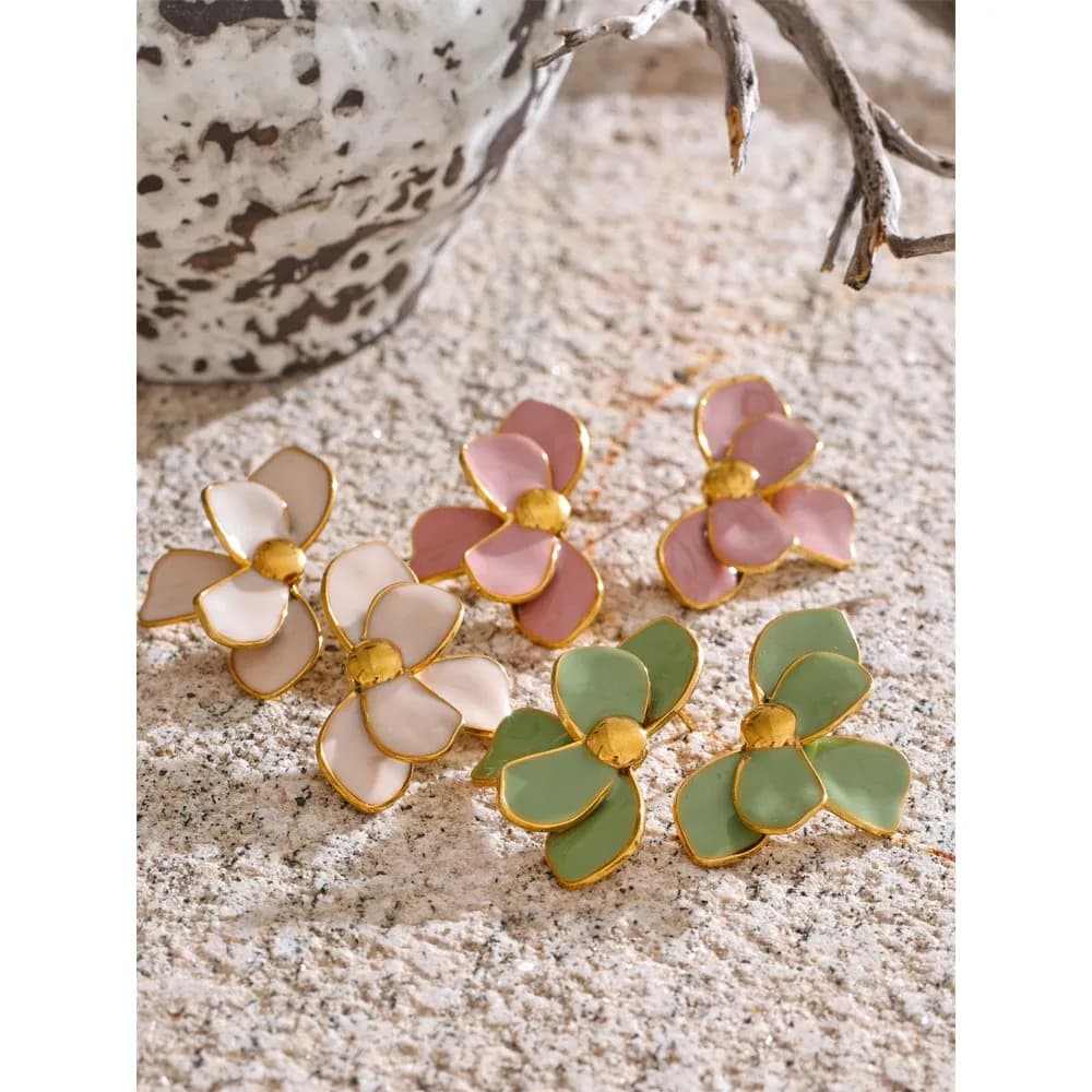 Yhpup Green Pink Enamel Flower Stud Earrings