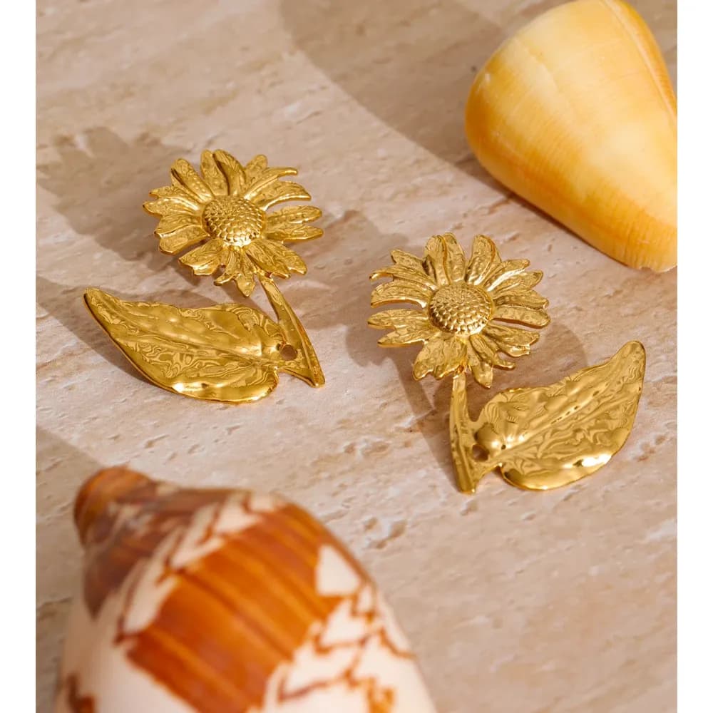 Yhpup Gold-Plated Sunflower Stainless Steel Stud Earrings