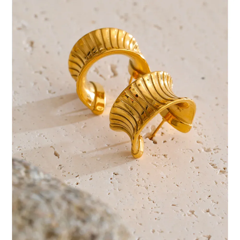 Yhpup Striped C-Shape Stainless Steel Huggie Earrings