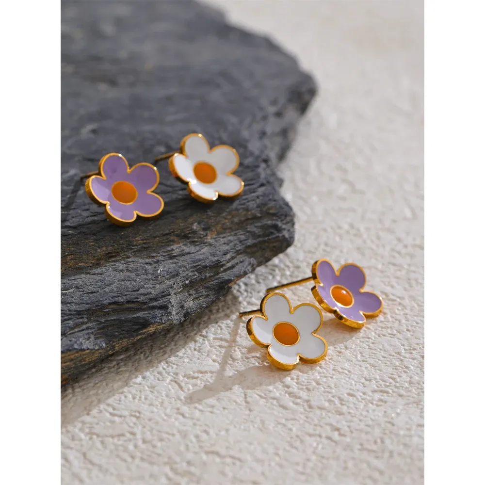 Yhpup White Purple Enamel Flower Stud Earrings