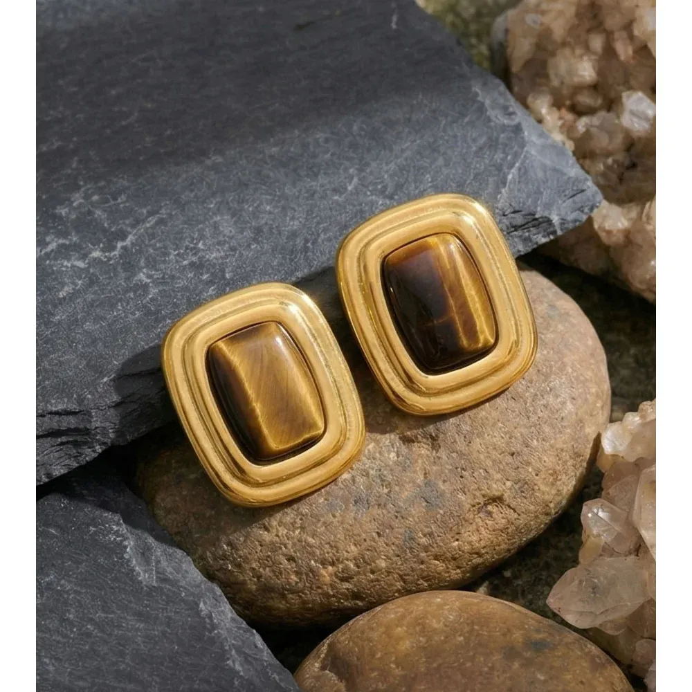 Yhpup Tiger Stone Square Stud Earrings