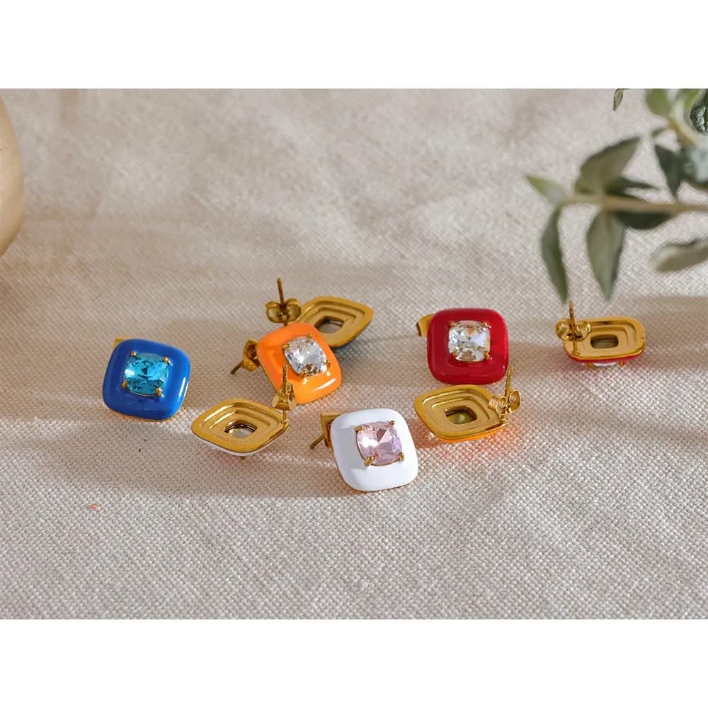 Yhpup Square Enamel CZ Stud Earrings in PVD Gold-Tone Steel