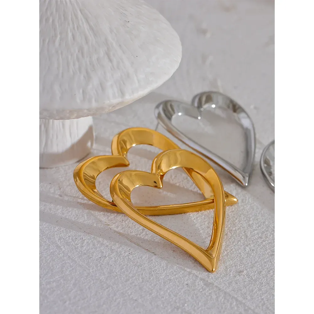 Yhpup Large Hollow Heart Stud Earrings in Gold Tone Stainless Steel