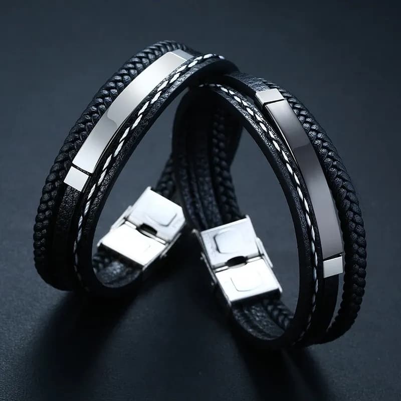 Vnox Personalized Layered Leather ID Bracelet for Men
