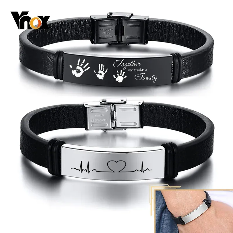 Vnox Personalized Leather ID Bracelet with Stainless Steel Plate
