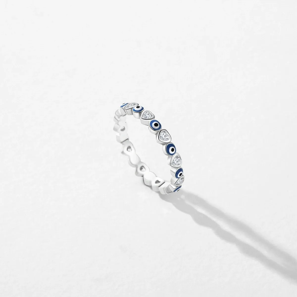 MODIAN 925 Sterling Silver Heart-to-Heart Blue Eye Stackable Ring