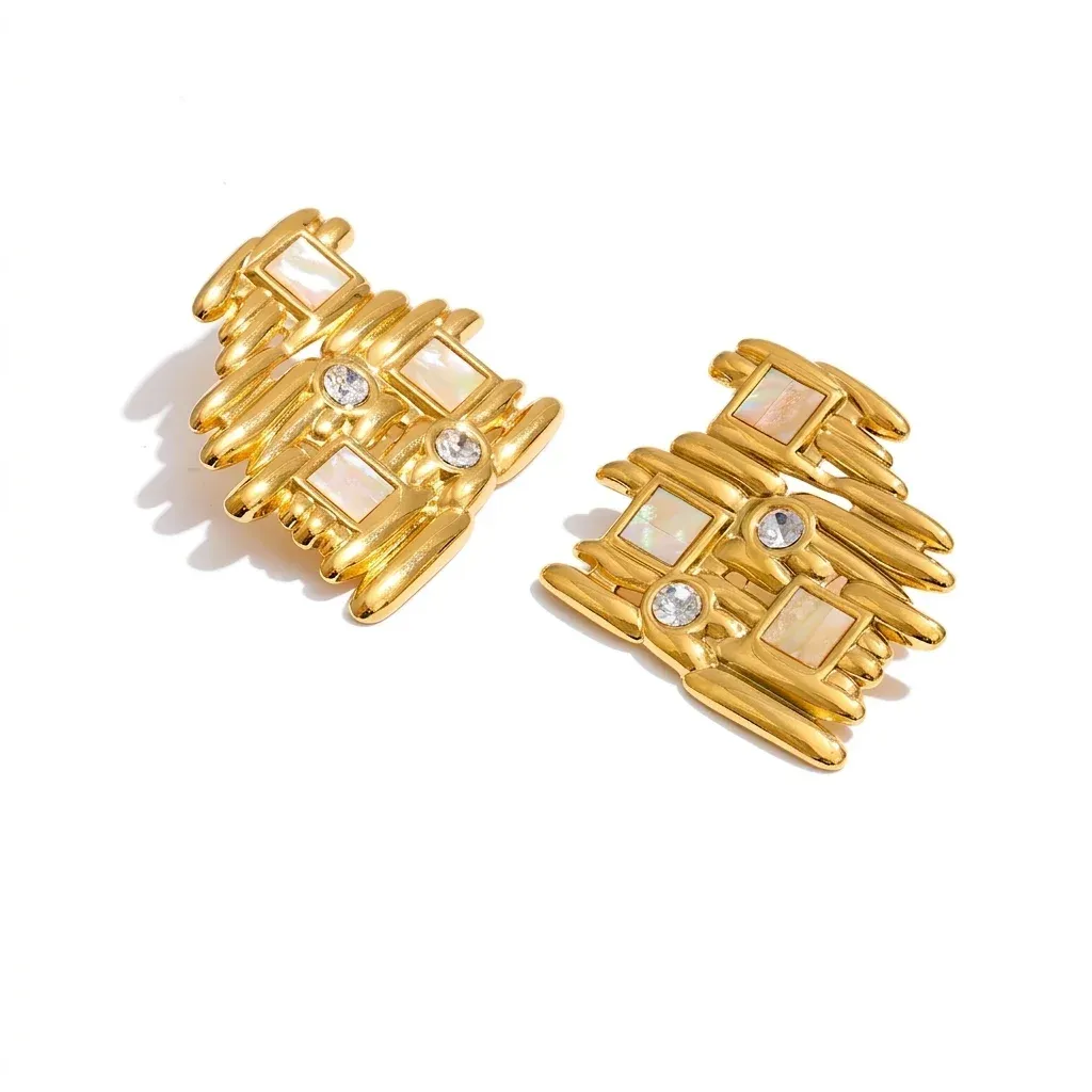 Gold geometric zircon stud earrings pair
