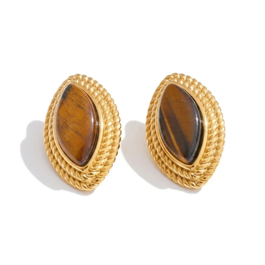 Tiger stone gold oval stud earrings