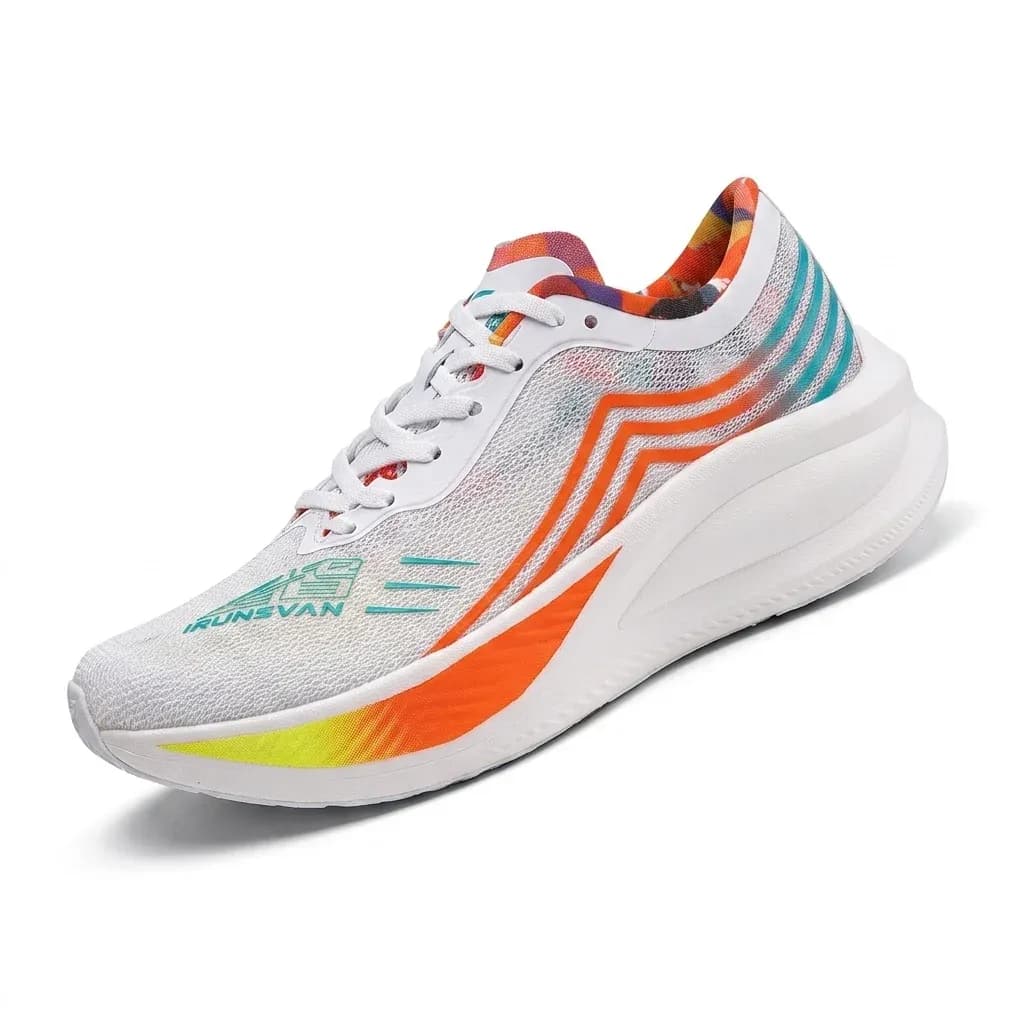 IRUNSVAN white running shoe with orange teal accents
