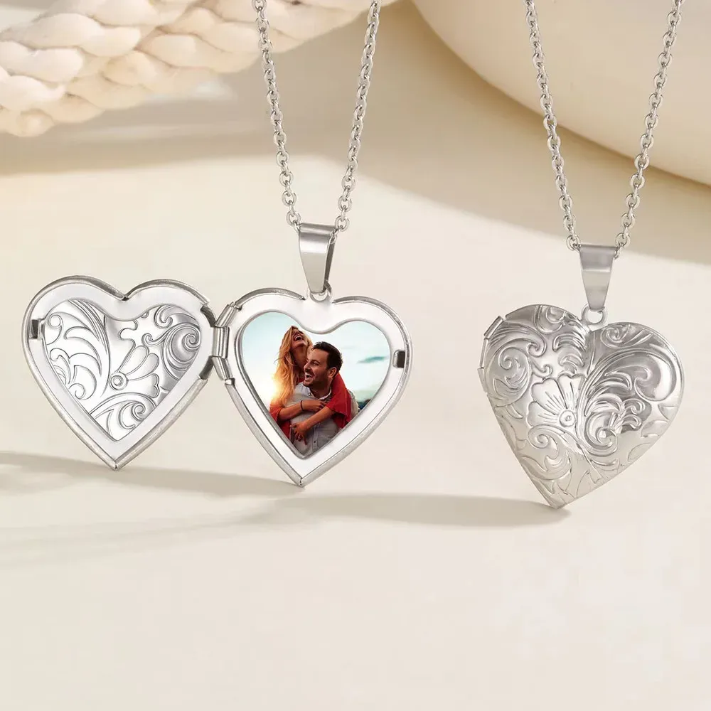 Vnox Heart Photo Locket Necklace with Custom Text