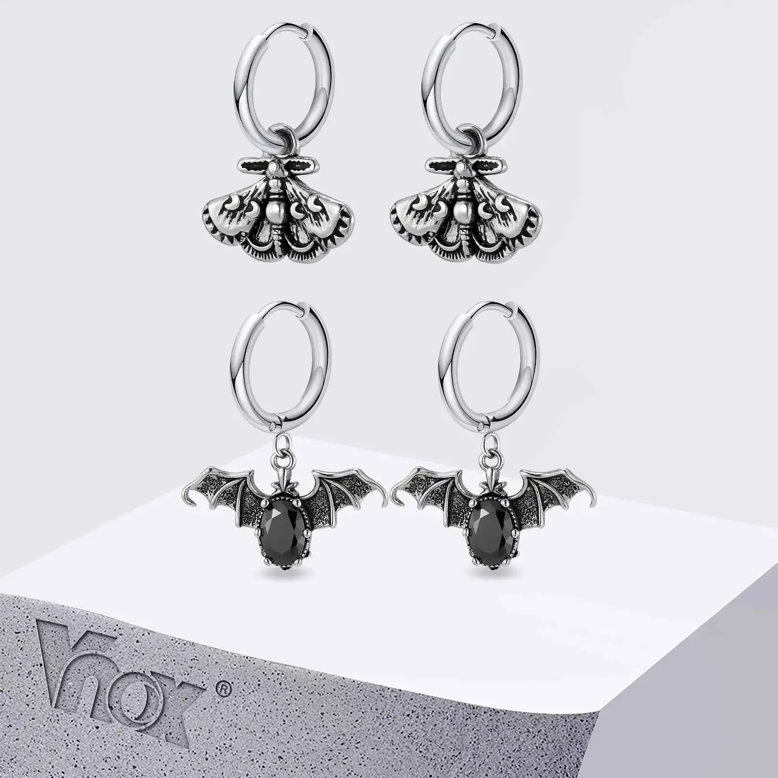 Vnox Moth Bat Hoop Earrings for Men