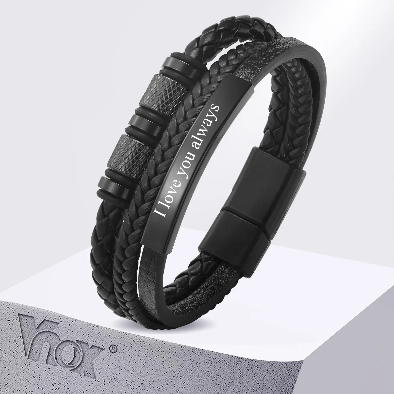 Vnox Triple-Layer Black PU Leather Men’s Bracelet with Custom Steel Bangle