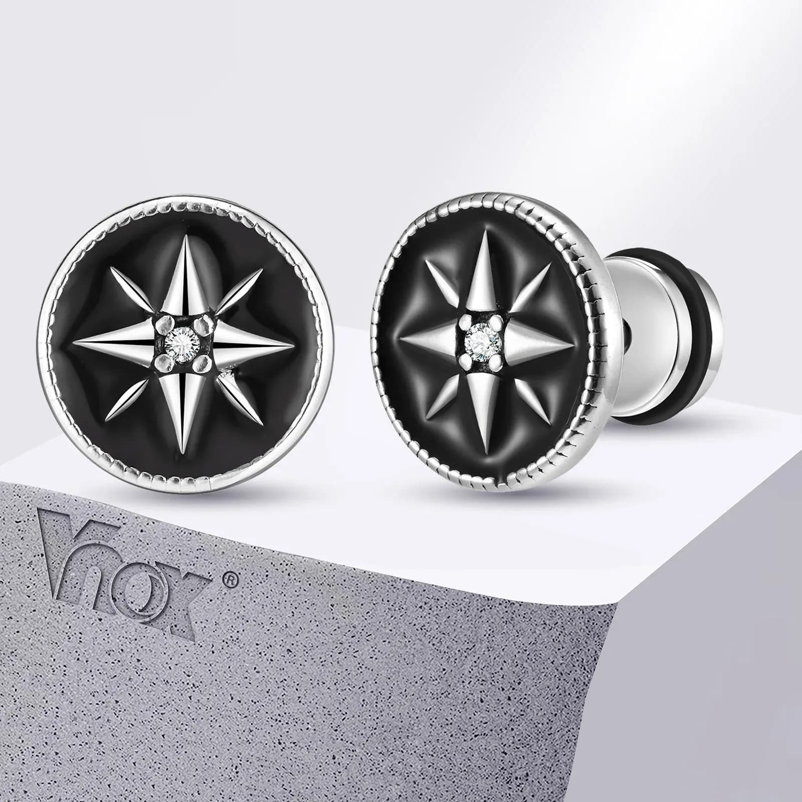 Vnox Black Enamel Compass Star Stud Earrings