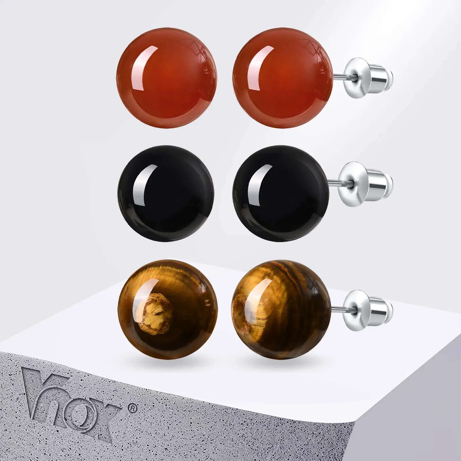 Vnox Red and Black Agate Stud Earrings