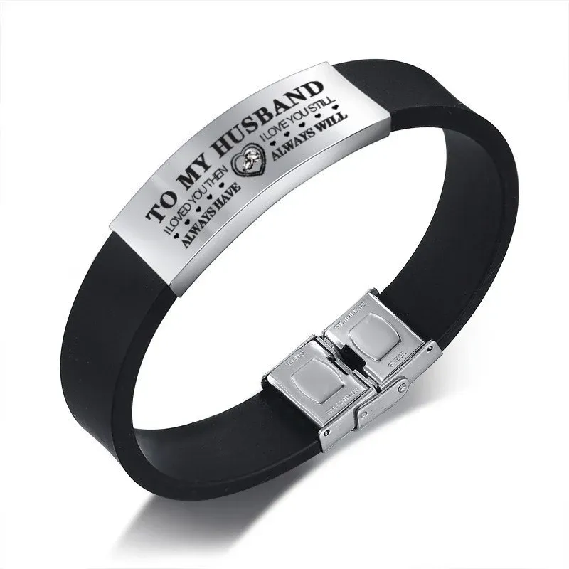 Vnox Custom Black Silicone Husband Bracelet with Steel Tag