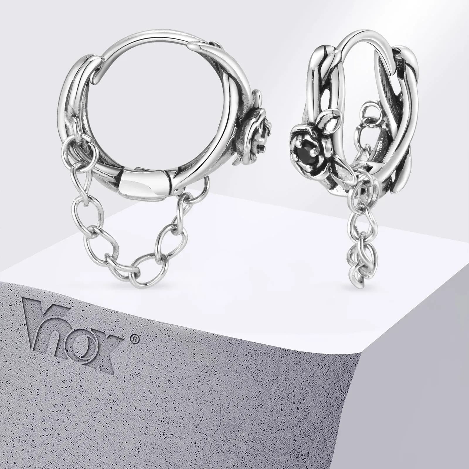 Vnox Black Rose Hoop Earrings for Men