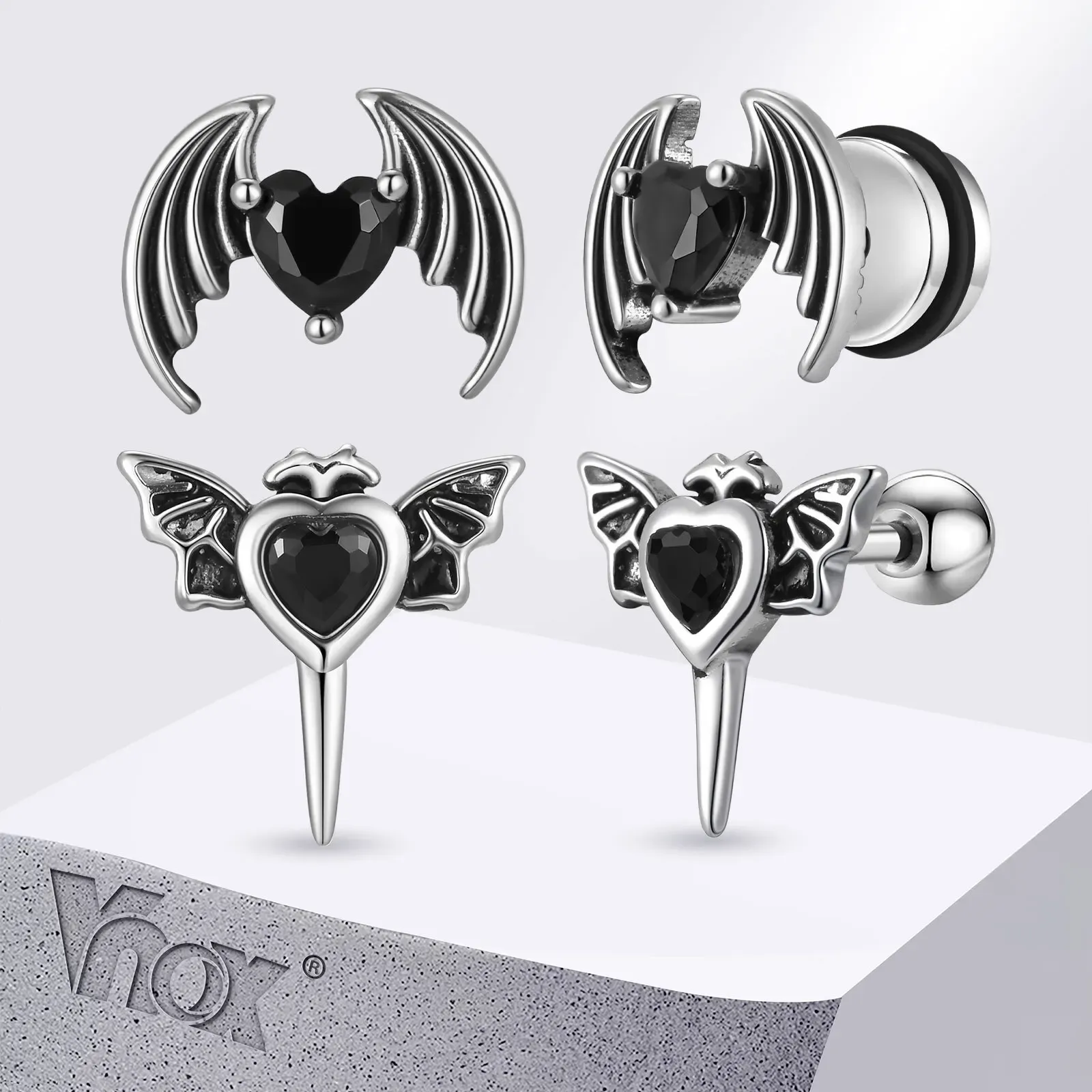 Vnox Heart Zircon Wing Screw-Back Stud Earrings