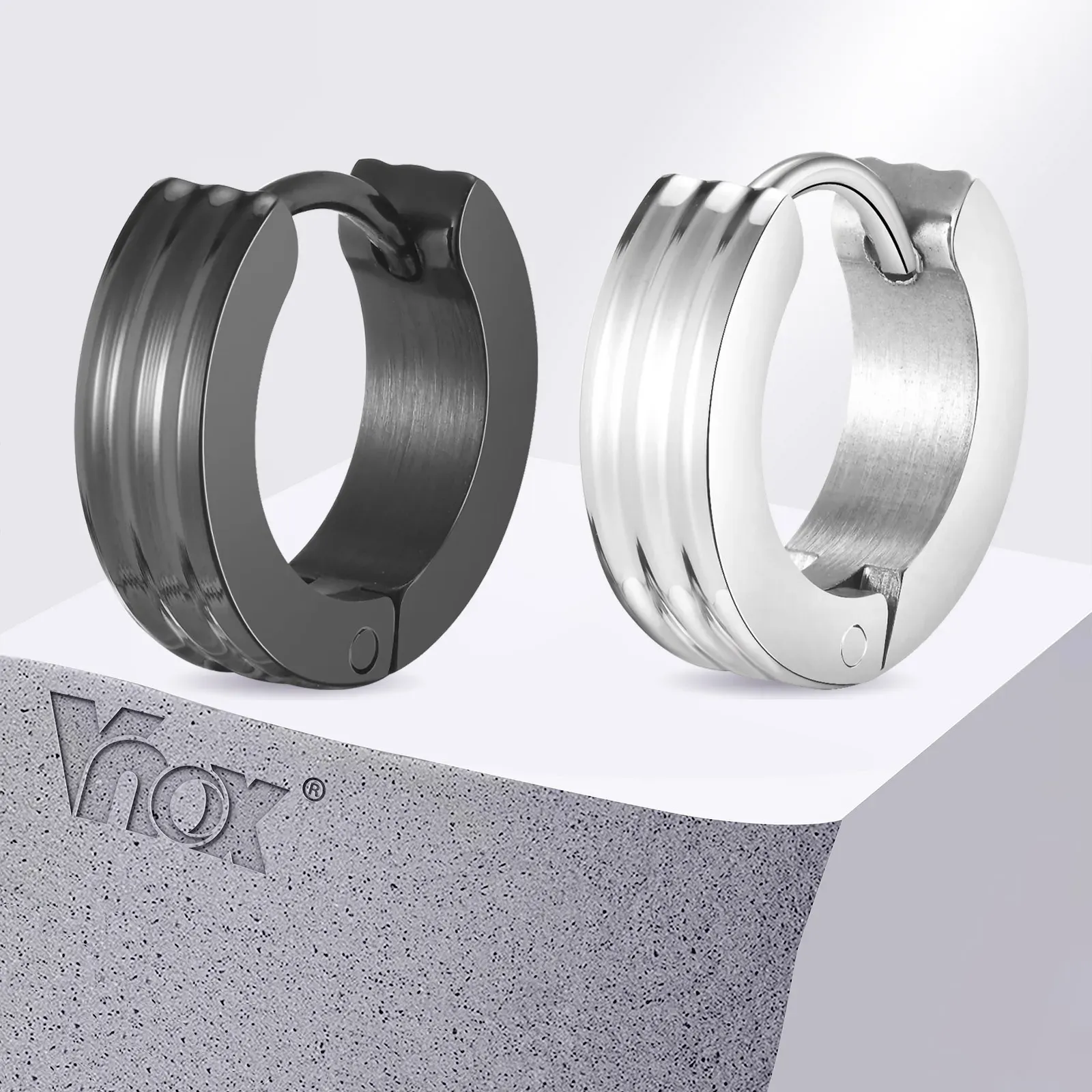 Vnox Black Grooved Stainless Steel Hoop Earrings for Men