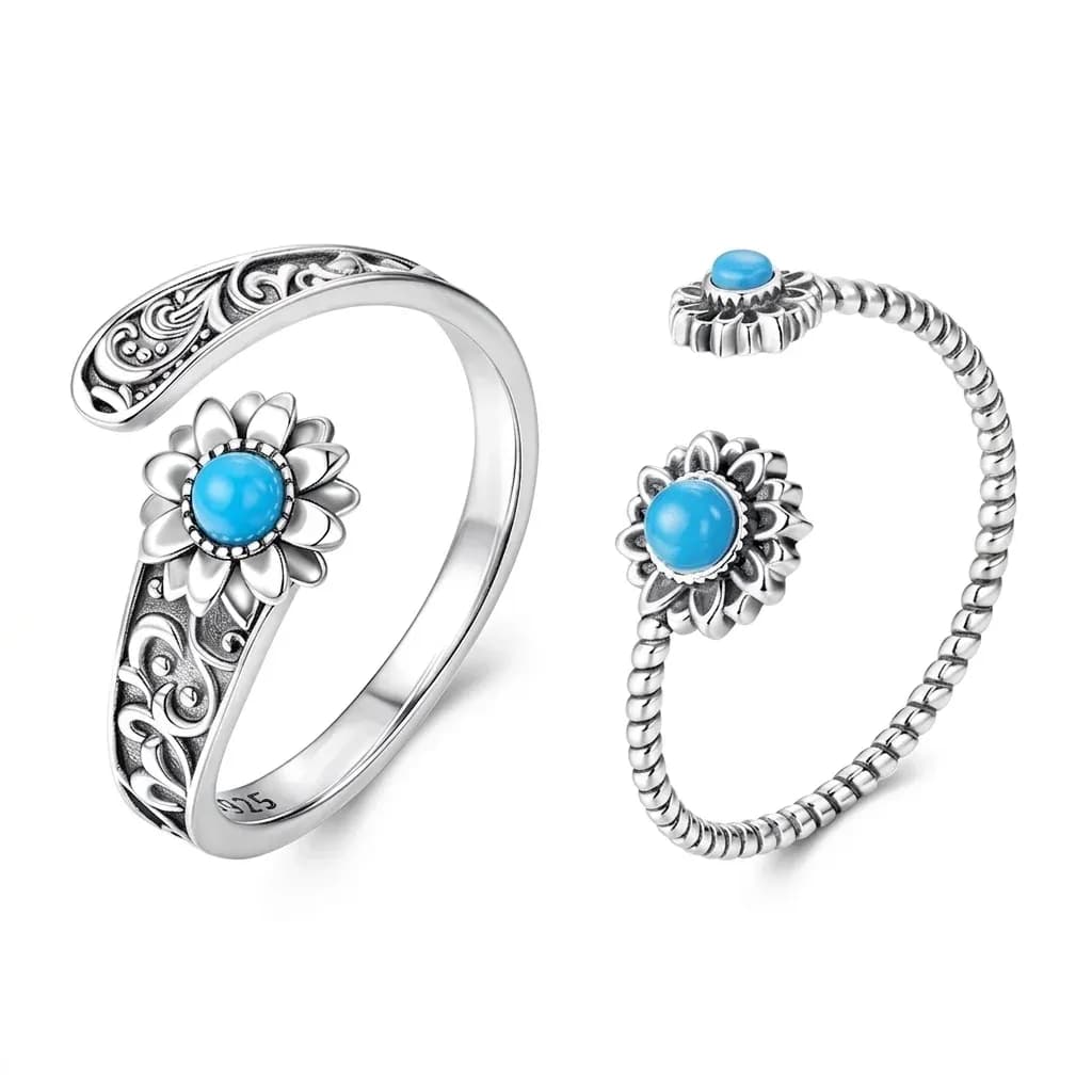 WOSTU Vintage Sunflower Turquoise Open Ring in 925 Sterling Silver