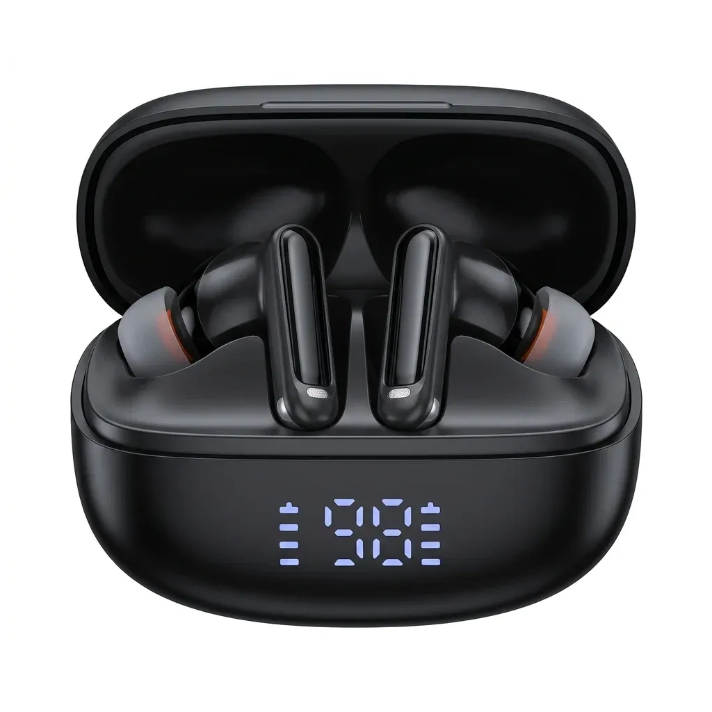 ACEFAST black wireless earbuds with open case