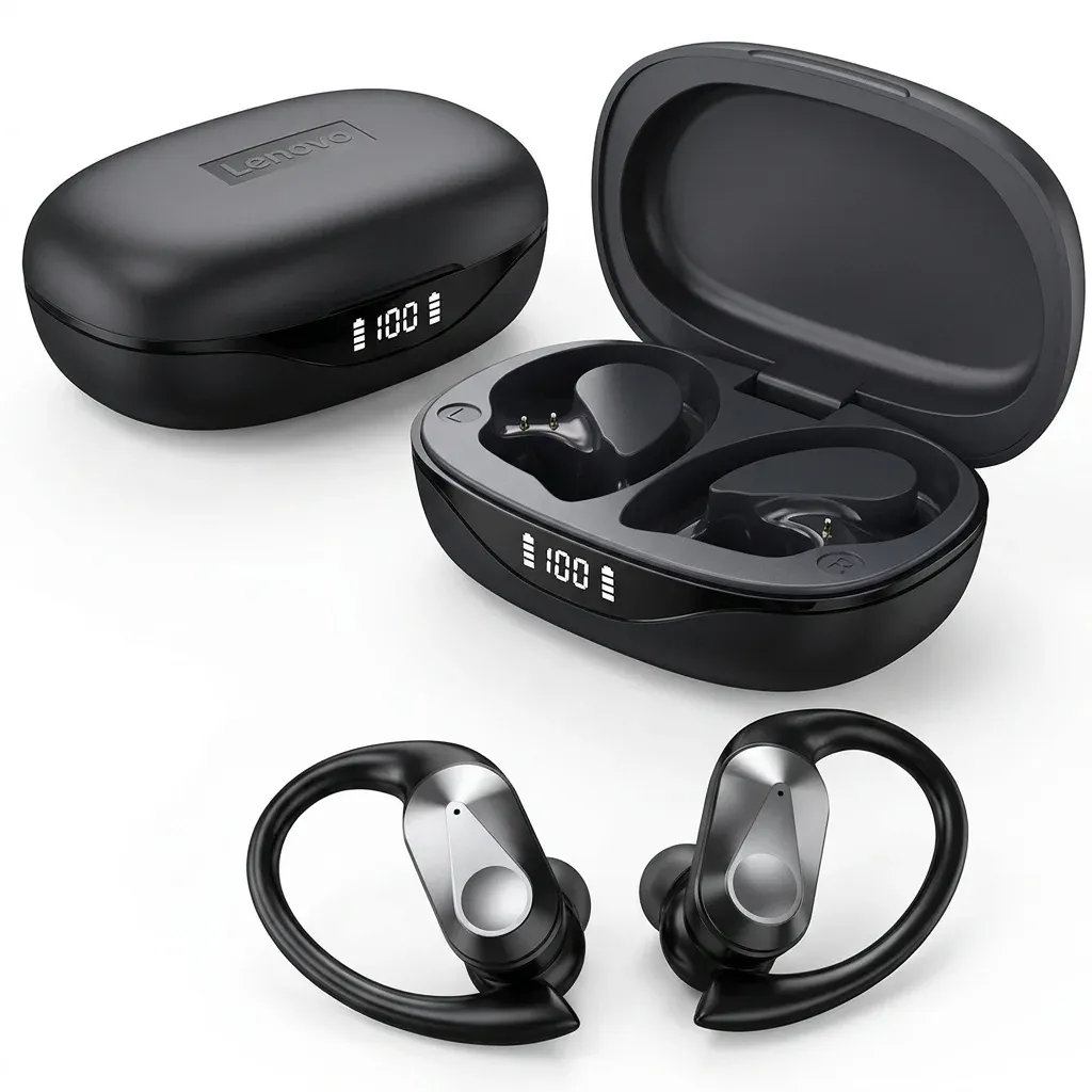 Lenovo LP75 black earbuds with open case